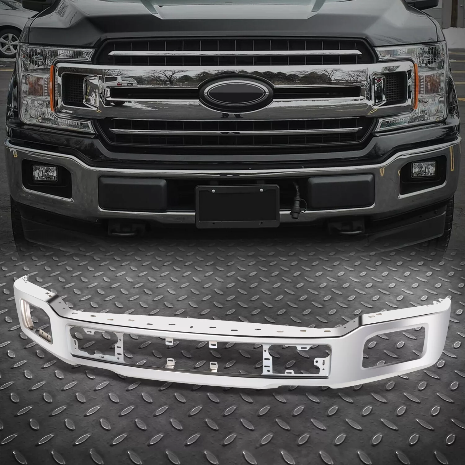 Ford F-150 Chrome Stamped Steel Front Bumper Face Bar w/Fog Light Hole 2018-2020 - Infinity Auto Parts