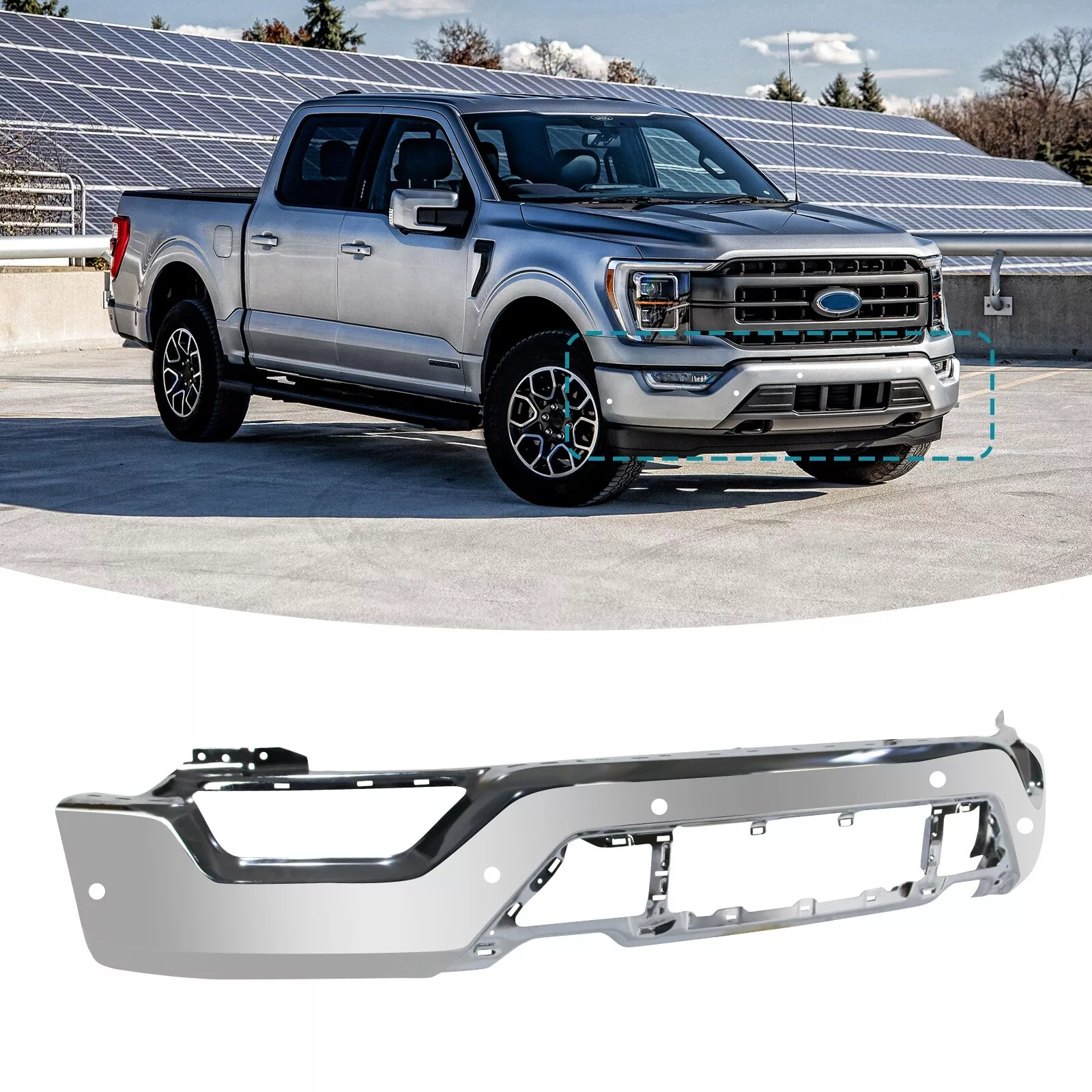 Chrome Front Bumper Face Bar For 21-23 Ford F150 W/Sensor Holes - Infinity Auto Parts